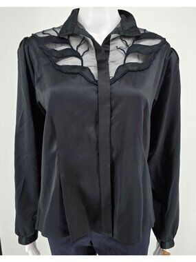 Vintage 1980s Women's Black Polyester Sheer Organza Insert Satin Blouse (M)